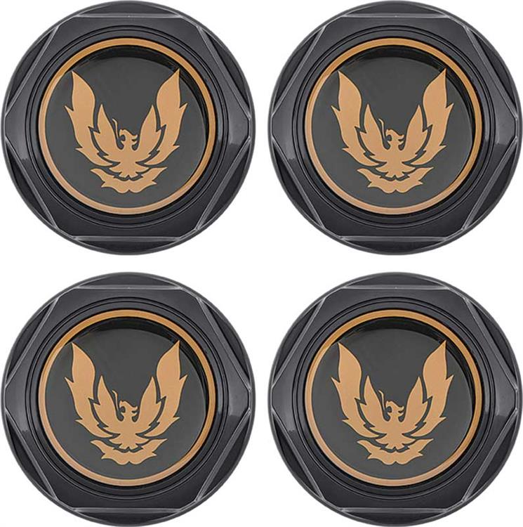 1982-92 Firebird - Wheel Center Caps Gloss Black with Gold Bird Emblem w/o Metal Clips - Set of 4