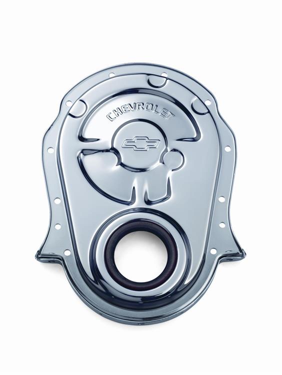 Timing Cover, 1-Piece, Steel, Chrome Plated, Chevrolet and Bowtie Emblems, Chevy, Big Block