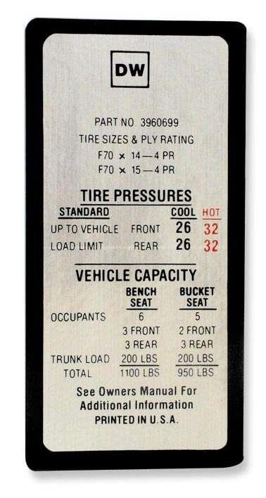 Decal, Tire Pressure, Super Sport (SS), 1969-1970
