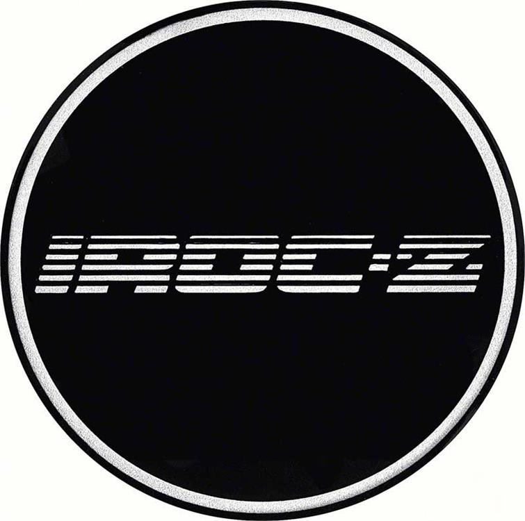 "R15 WHEEL CENTER CAP EMBLEM IROC-Z 2-15/16"" CHROME LOGO/BLACK BACKGROUND"