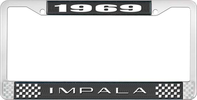 1969 IMPALA BLACK AND CHROME LICENSE PLATE FRAME WITH WHITE LETTERING