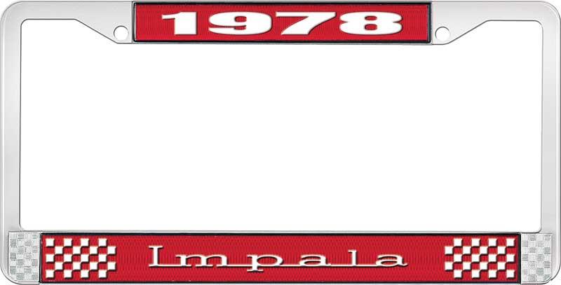 1978 IMPALA RED AND CHROME LICENSE PLATE FRAME WITH WHITE LETTERING