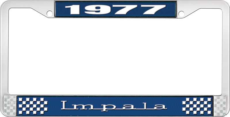 1977 IMPALA  BLUE AND CHROME LICENSE PLATE FRAME WITH WHITE LETTERING