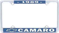 License Plate Frame, Steel, Chrome/Blue, 1989 Camaro Logo, Each