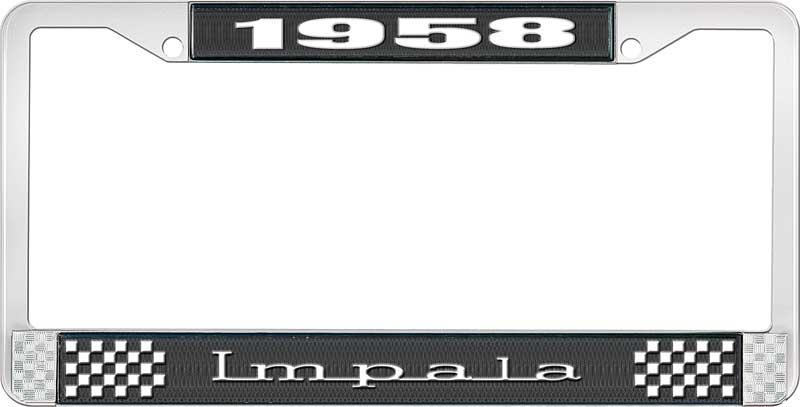 1958  IMPALA BLACK AND CHROME LICENSE PLATE FRAME WITH WHITE LETTERING