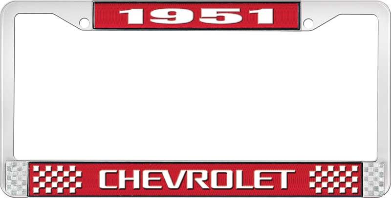 1951 CHEVROLET RED AND CHROME LICENSE PLATE FRAME WITH WHITE LETTERING