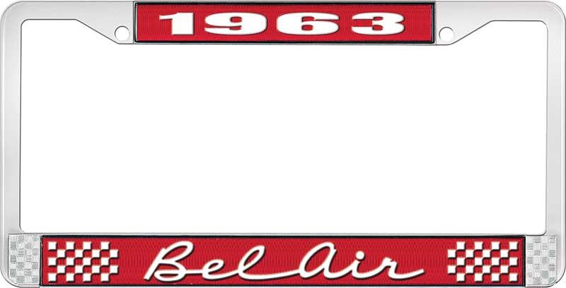 nummerplåtshållare, 1963 BEL AIR röd/krom , med vit text