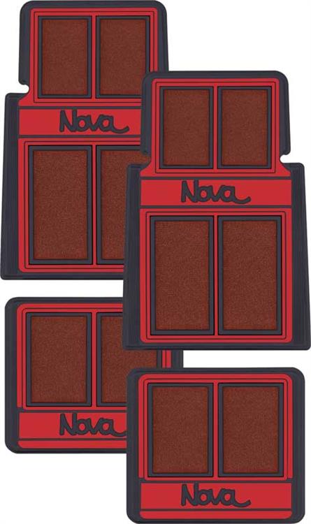 1962-79 Nova; Carpet Floor Mat Set;  "Nova" Script Lettering; Red / Black; 4 Piece Set