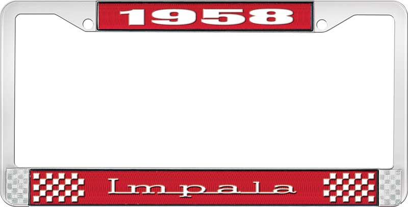 1958 IMPALA RED AND CHROME LICENSE PLATE FRAME WITH WHITE LETTERING