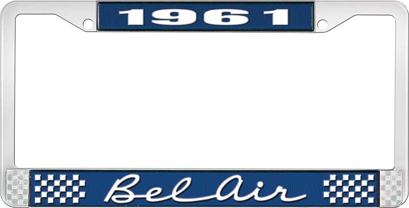 nummerplåtshållare, 1961 BEL AIR  blå/krom, med vit text
