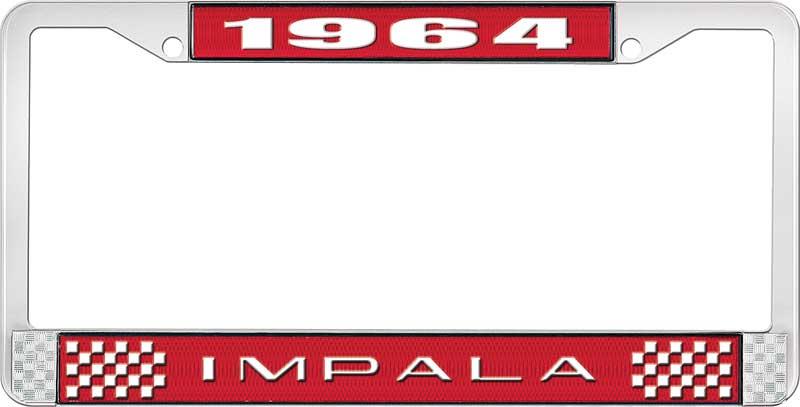 1964 IMPALA RED AND CHROME LICENSE PLATE FRAME WITH WHITE LETTERING