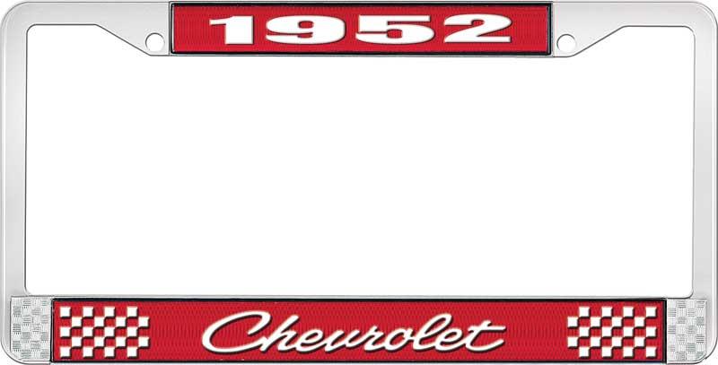 nummerplåtshållare, 1952 CHEVROLET, röd/krom, med vit text