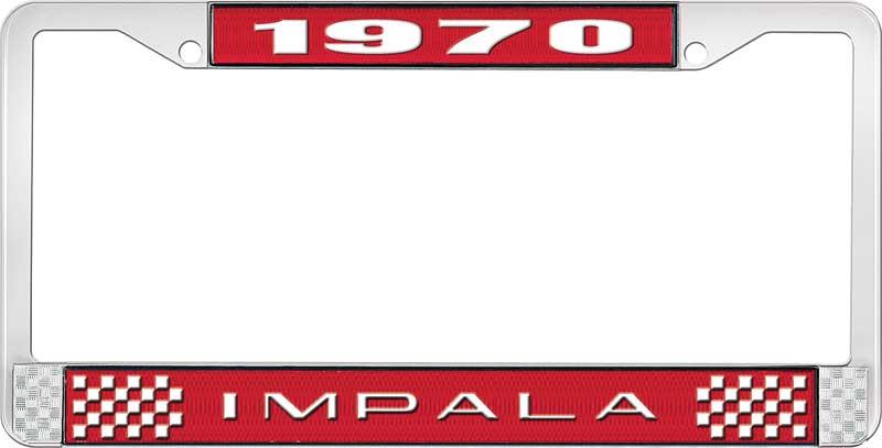 1970 IMPALA RED AND CHROME LICENSE PLATE FRAME WITH WHITE LETTERING