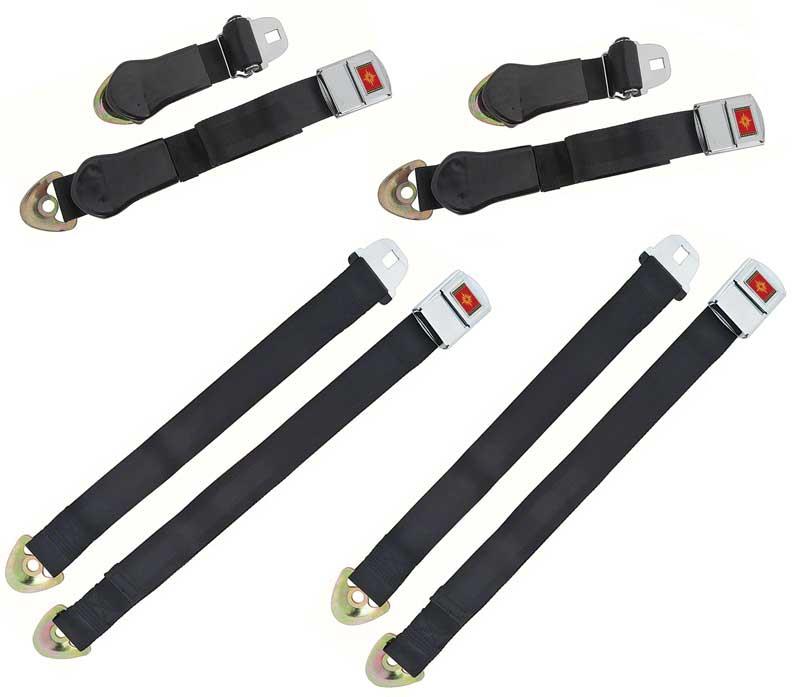 1965-66 Impala, Caprice Nova, Chevelle	 Deluxe Seat Belt Set	 Gold Starburst	 Black	 4-Piece Set