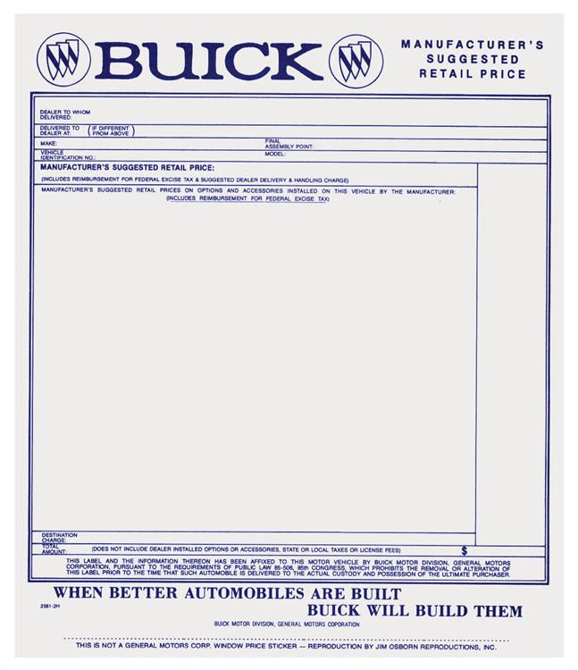 Sticker, 63-64 Buick, Window, New Vehicle Price