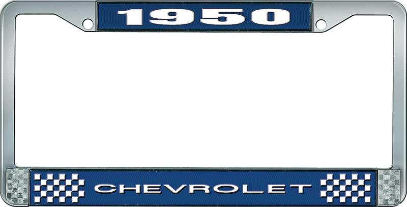 1950 CHEVROLET BLUE AND CHROME LICENSE PLATE FRAME WITH WHITE LETTERING