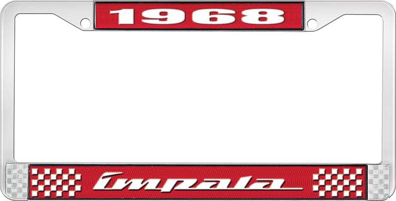 1968 IMPALA RED AND CHROME LICENSE PLATE FRAME WITH WHITE LETTERING