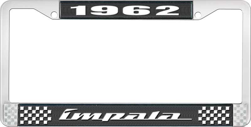 1962 IMPALA BLACK AND CHROME LICENSE PLATE FRAME WITH WHITE LETTERING