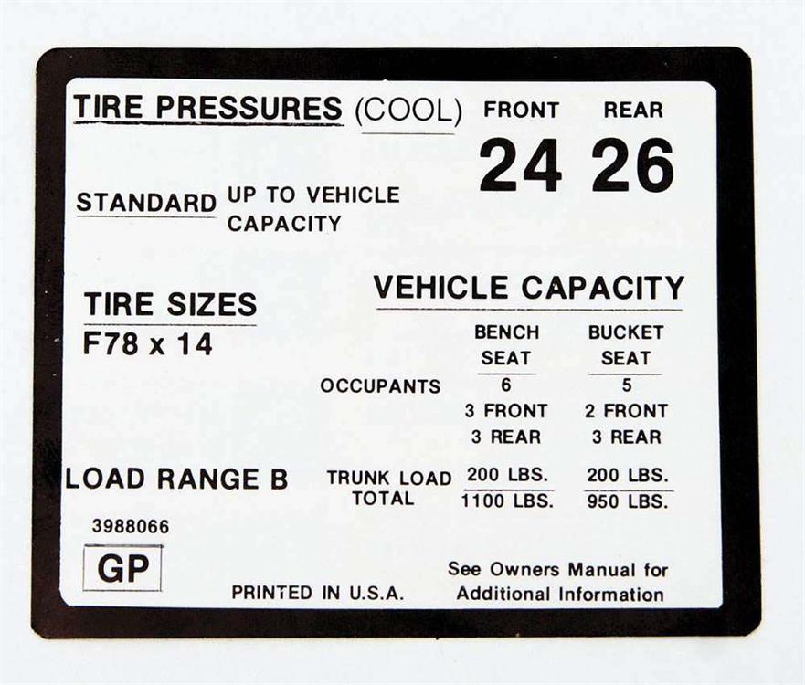 1971  TIRE PRESSURE DECAL