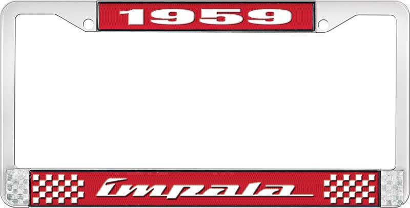 1959 IMPALA RED AND CHROME LICENSE PLATE FRAME WITH WHITE LETTERING