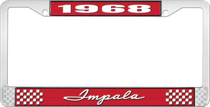 1968 IMPALA RED AND CHROME LICENSE PLATE FRAME WITH WHITE LETTERING