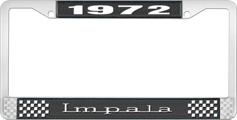 1972 IMPALA BLACK AND CHROME LICENSE PLATE FRAME WITH WHITE LETTERING