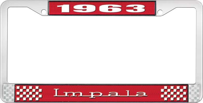 1963 IMPALA RED AND CHROME LICENSE PLATE FRAME WITH WHITE LETTERING