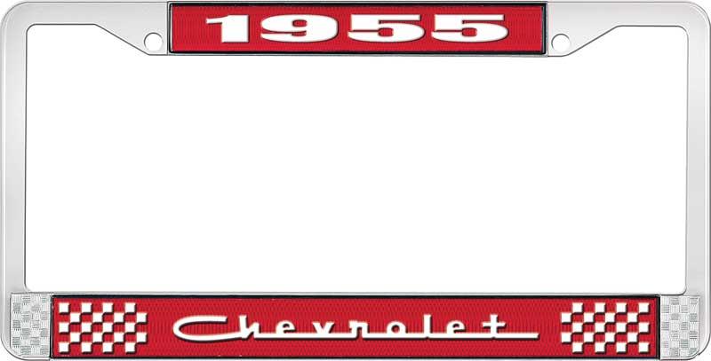 1955 CHEVROLET RED AND CHROME LICENSE PLATE FRAME WITH WHITE LETTERING