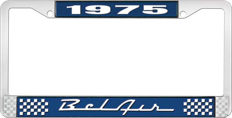 nummerplåtshållare, 1975 BEL AIR  blå/krom, med vit text