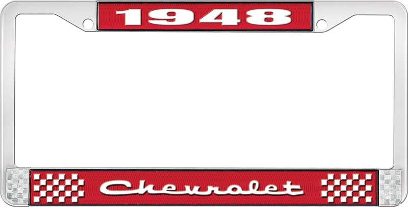 1948 CHEVROLET RED AND CHROME LICENSE PLATE FRAME WITH WHITE LETTERING