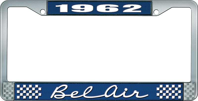 nummerplåtshållare, 1962 BEL AIR  blå/krom, med vit text