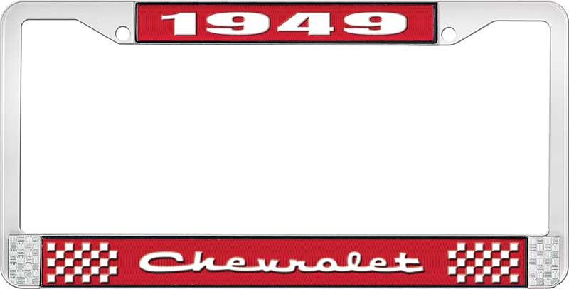 1949 CHEVROLET RED AND CHROME LICENSE PLATE FRAME WITH WHITE LETTERING
