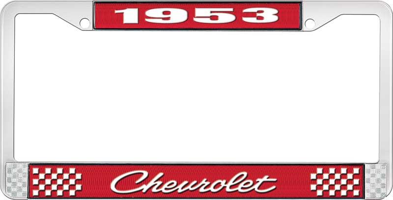 nummerplåtshållare, 1953 CHEVROLET, röd/krom, med vit text