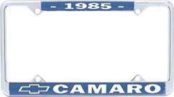 License Plate Frame, Steel, Chrome/Blue, 1985 Camaro Logo, Each