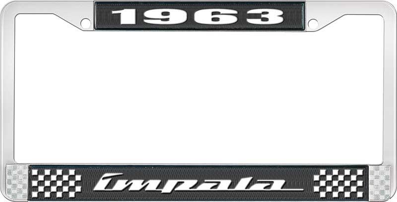 1963 IMPALA BLACK AND CHROME LICENSE PLATE FRAME WITH WHITE LETTERING