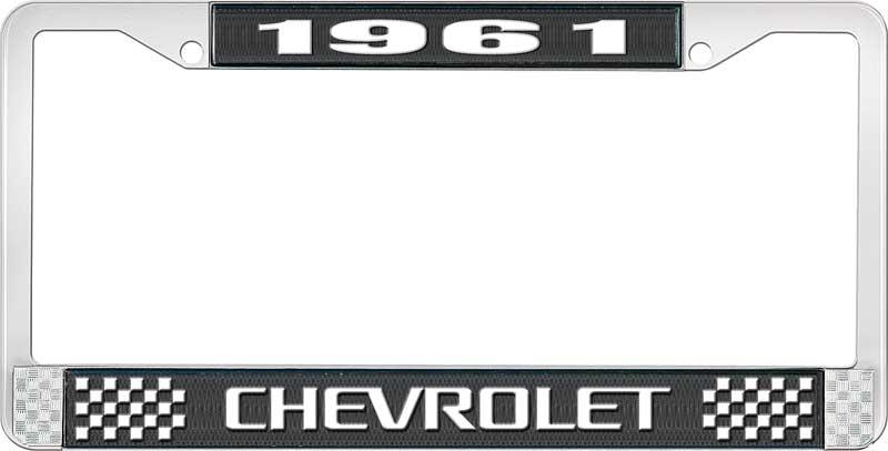 1961 CHEVROLET BLACK AND CHROME LICENSE PLATE FRAME WITH WHITE LETTERING