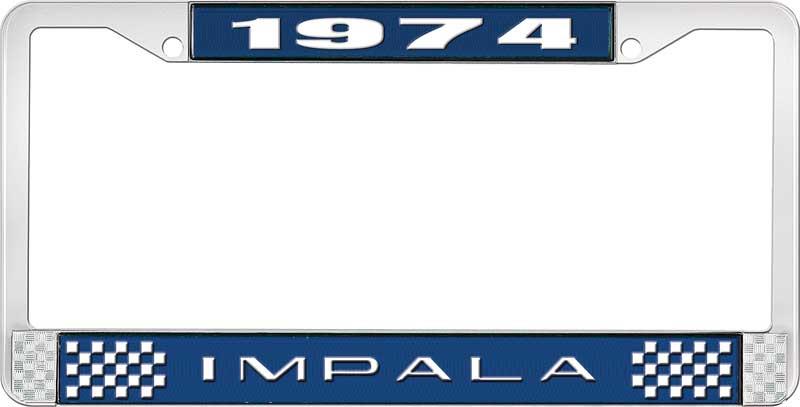 1974 IMPALA  BLUE AND CHROME LICENSE PLATE FRAME WITH WHITE LETTERING