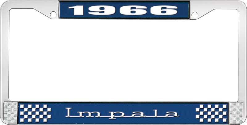1966 IMPALA  BLUE AND CHROME LICENSE PLATE FRAME WITH WHITE LETTERING