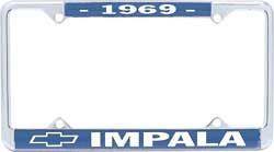 License Plate Frame, Die-Cast, Chrome/Blue, 1969 Impala Logo, Each