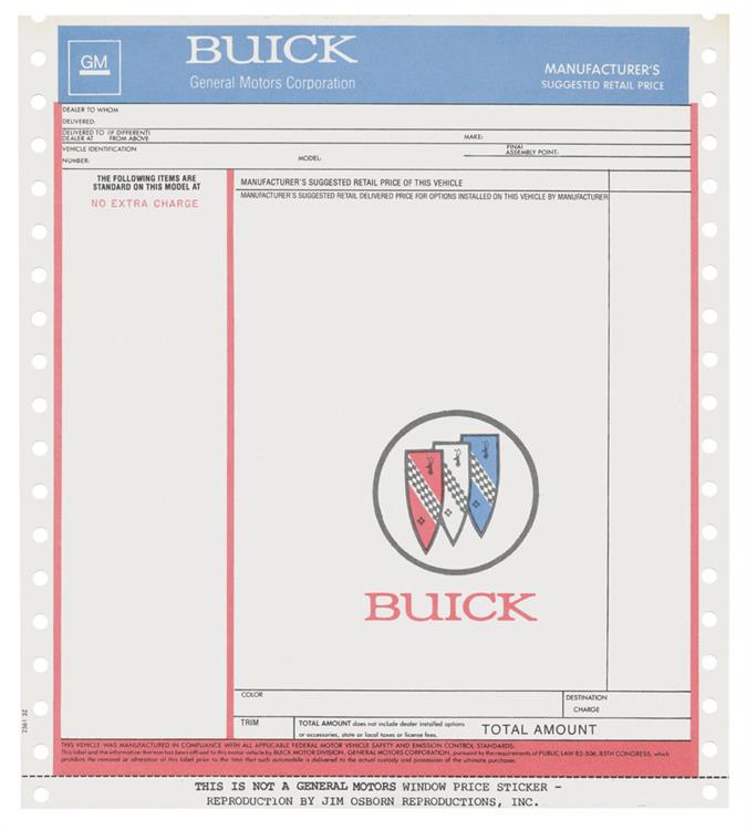 Sticker, 71-74 Buick, Window, New Vehicle Price