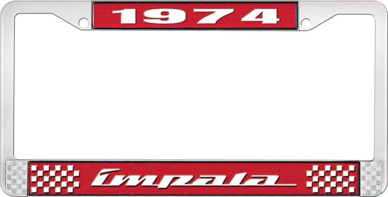1974 IMPALA RED AND CHROME LICENSE PLATE FRAME WITH WHITE LETTERING