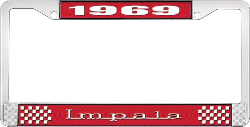 nummerplåtshållare, 1969 IMPALA röd/krom , med vit text
