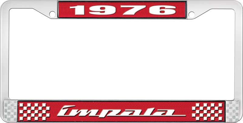 1976 IMPALA RED AND CHROME LICENSE PLATE FRAME WITH WHITE LETTERING