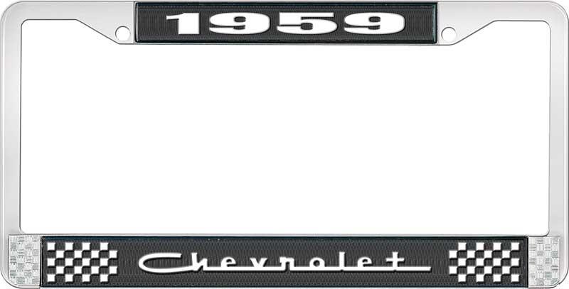 1959 CHEVROLET BLACK AND CHROME LICENSE PLATE FRAME WITH WHITE LETTERING