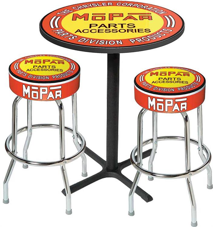 48-53 Mopar Orange/Yellow Logo Pub Table & Stool Set - Black Based Table With Chrome Stools (3-Pc)