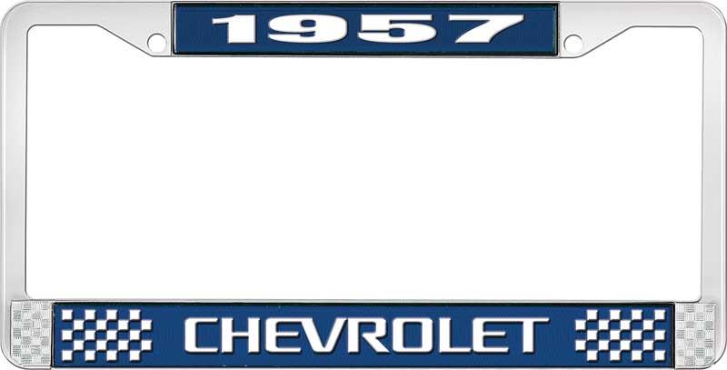 1957 CHEVROLET BLUE AND CHROME LICENSE PLATE FRAME WITH WHITE LETTERING