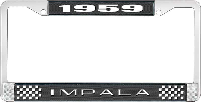 1959 IMPALA BLACK AND CHROME LICENSE PLATE FRAME WITH WHITE LETTERING