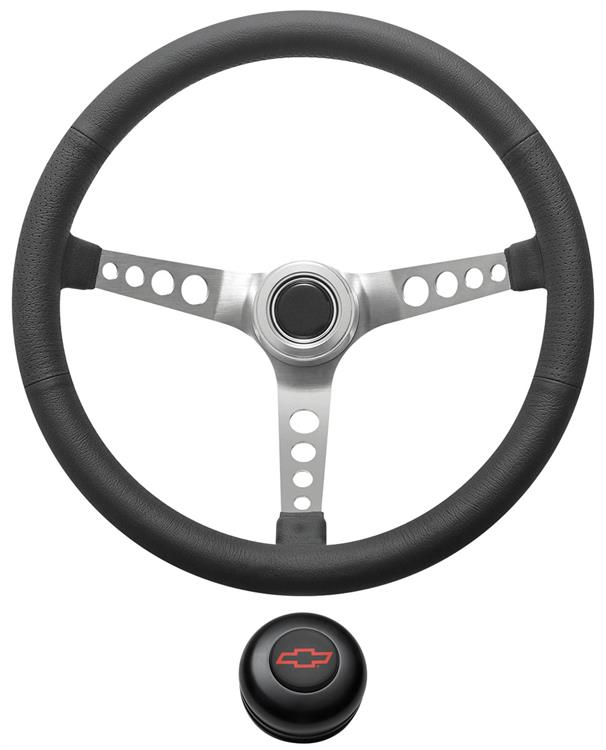 Steering Wheel Kit, 1967-68 Chevrolet, Retro w/Holes, Red Bowtie Cap, Black