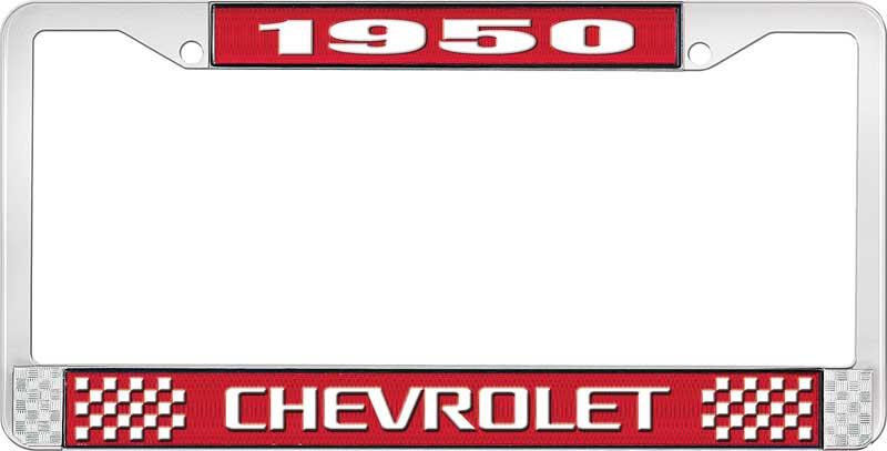 1950 CHEVROLET RED AND CHROME LICENSE PLATE FRAME WITH WHITE LETTERING