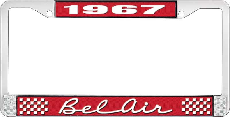nummerplåtshållare, 1967 BEL AIR röd/krom , med vit text
